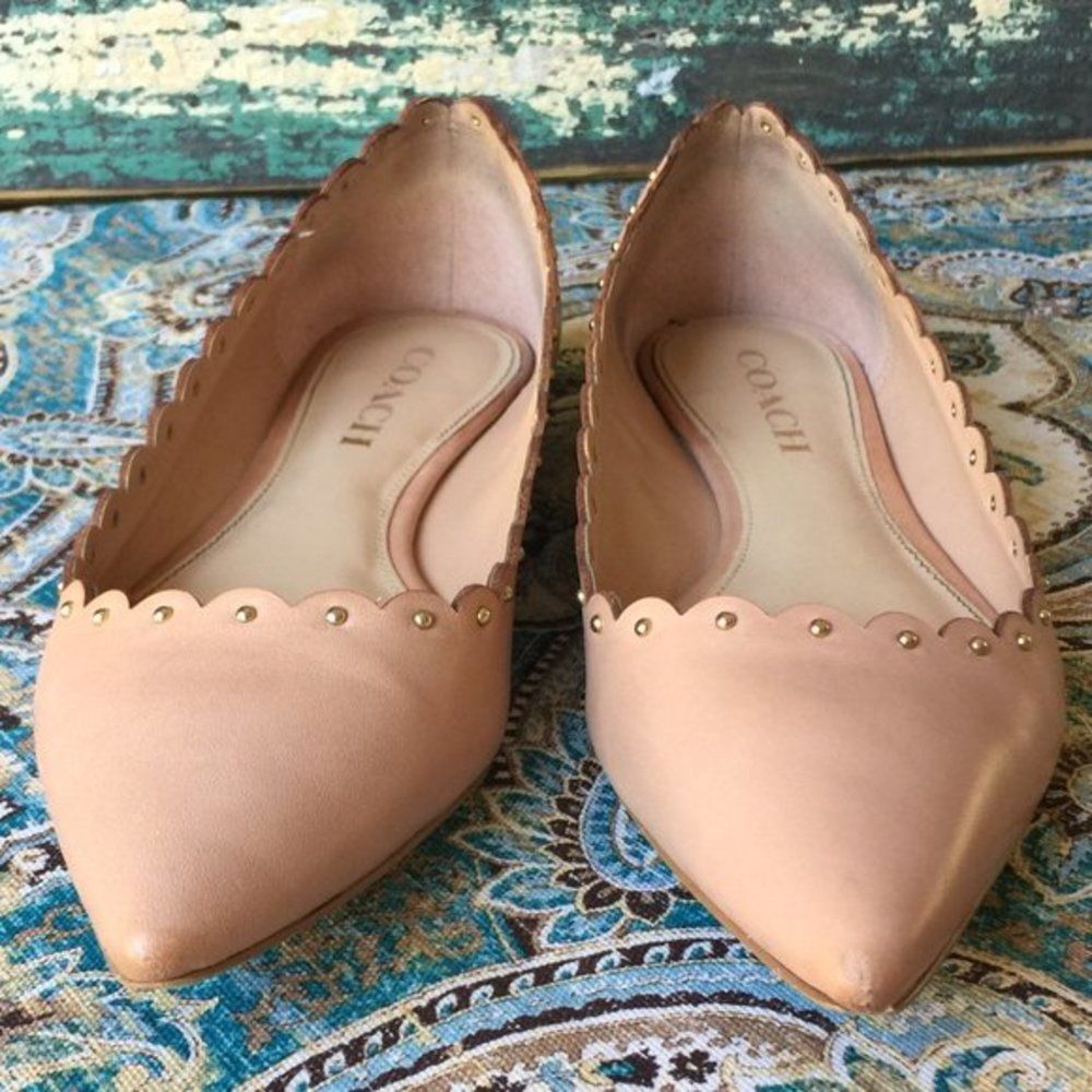 Coach Jill Leather Flats Nude Scalloped Studded Pointed Toe 6 - Picture 3 of 8